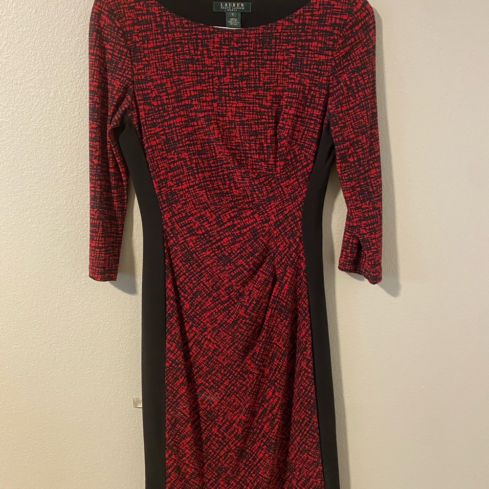 Ralph Lauren Red and Black Ruched Sheath Dress